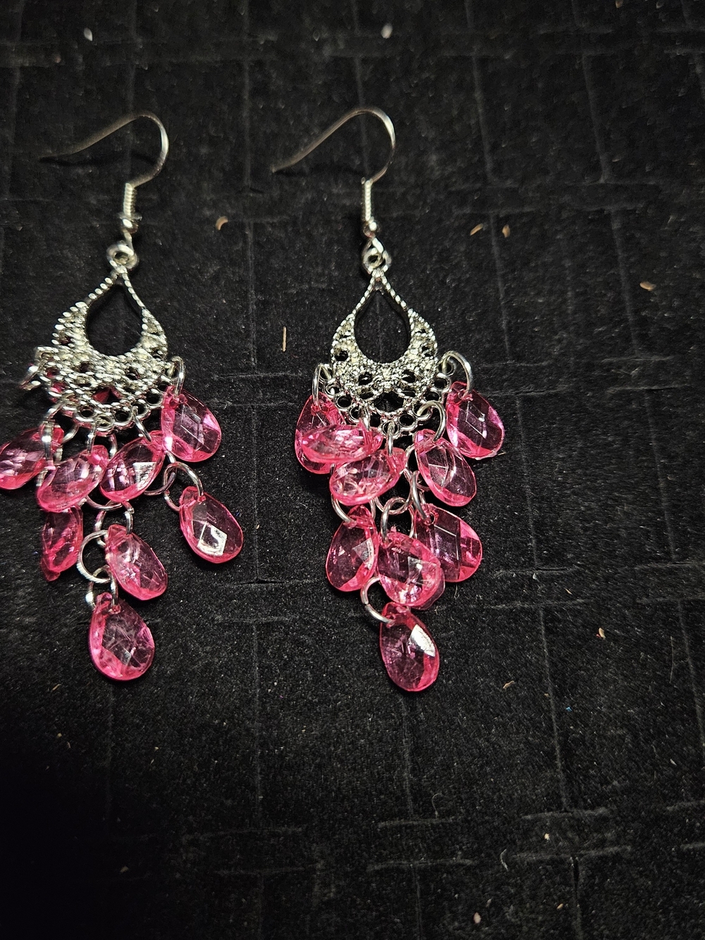 Silver Chandelier Dangle Earrings with Pink Crystal Drops